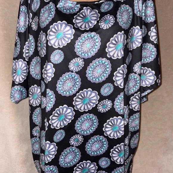LuLaRoe Black and Teal Patterned Blouse - Picture 1 of 3